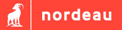 Nordeau Logo. Red, mountain goat logo.