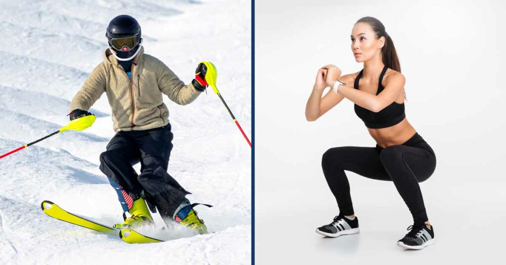 Someone skiing moguls in a light jacket with a helmet on the left. On the right, a lady in black top and black tights doing a squat at the bottom of the motion.