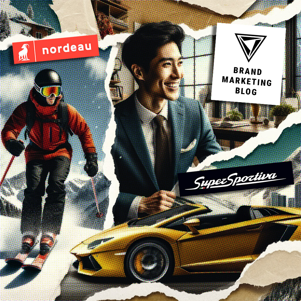 A paper collage of a man skiing, a happy entrepreneur, and a Lamborghini. Printed paper effect. The logos for Nordeau, Brand Marketing Blog and Supersportiva mixed in.